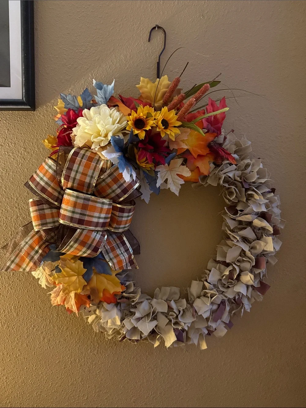 Linen loft Autumn Harvest Fabric Wreath with Plaid Bow - Cream, Orange, Yellow